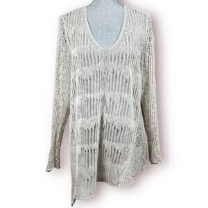 ELLEN FISHER Asymmetrical Airy Open Knit Linen Blend Melange Sweater in Beige